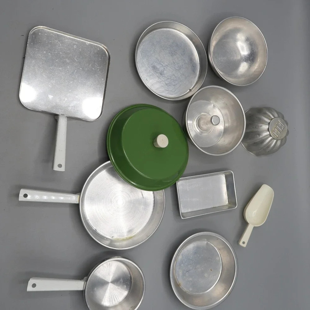 Vintage Aluminum Metal Child's Kitchen Play Set Pots &  Pans & Bakeware